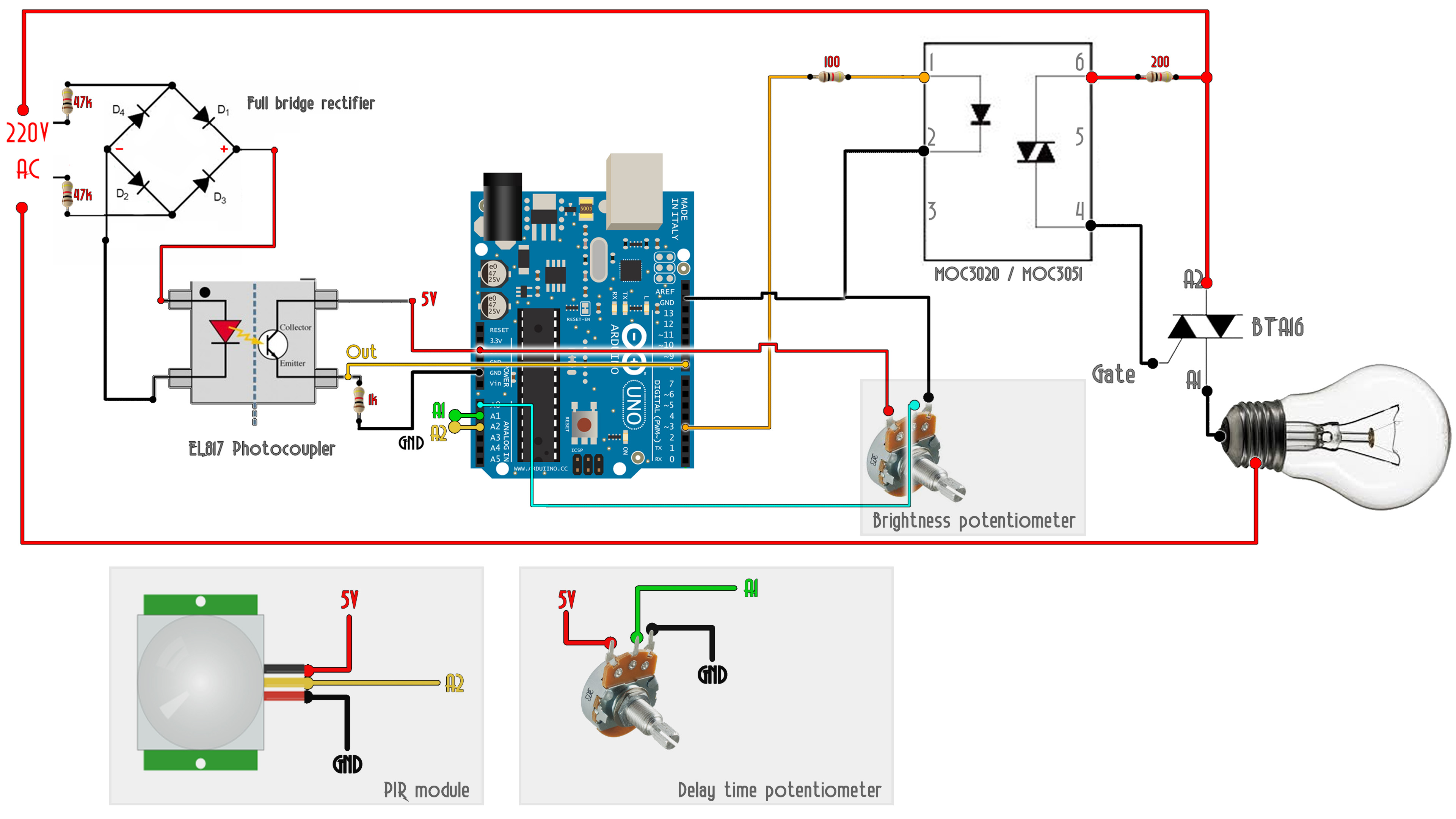 PIR switch 220V Arduino relay