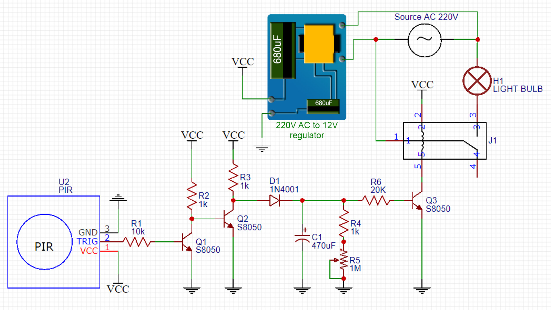 PIR switch 220V AC schematic circuit delay